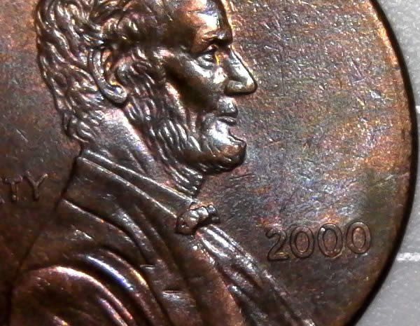 2000-P-Lincoln-Memorial-Cent-With-Misaligned-Die-Mad-Soaked-In-Acetone